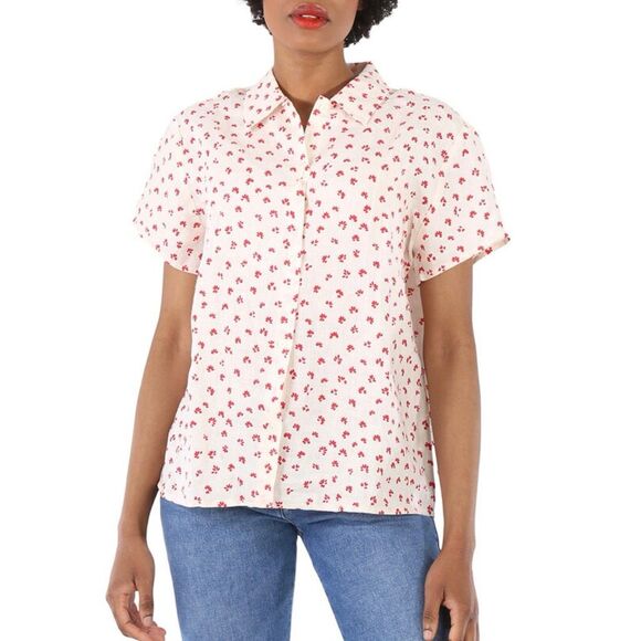 A.P.C. Marina Floral Print Linen Shirt | Size 38 (US 6) | Off-White with Red Flo - Picture 4 of 11